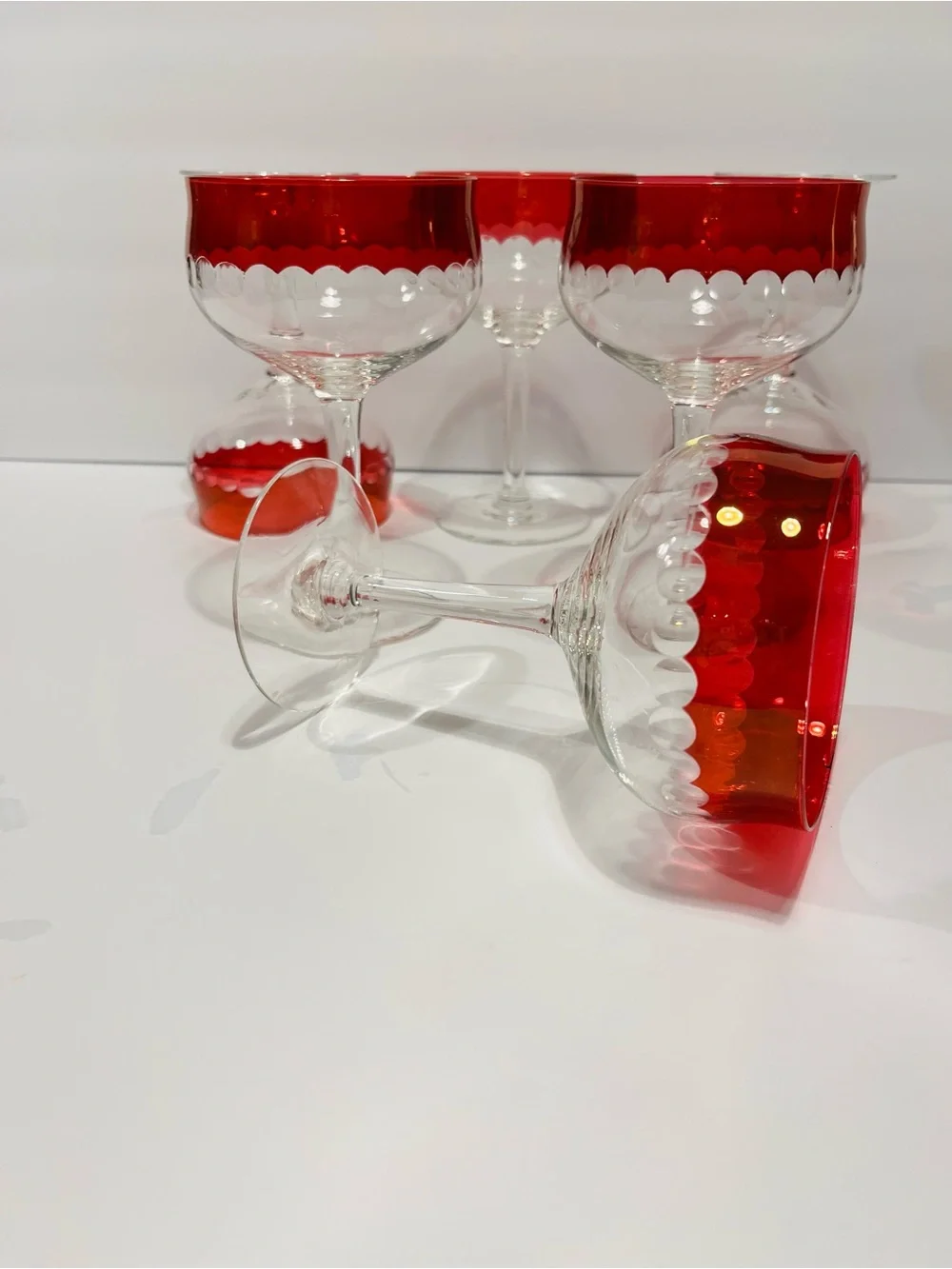 Vtg MCM Czech Thin Crystal  Cranberry & Cut Dots Set of 6 Coupe or Wine Glasses